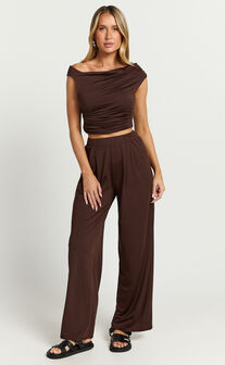 Leila Two Piece Set - Off Shoulder Top and High Waist Wide Leg Pants Set in Chocolate