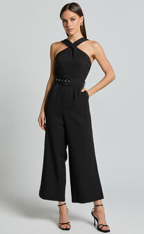 Tracy Jumpsuit - Diamond Neck Belted Straight Leg Jumpsuit in Black