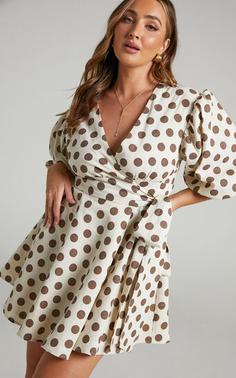Zyann Mini Dress - Linen Puff Sleeve Wrap Dress in Mocha Spot