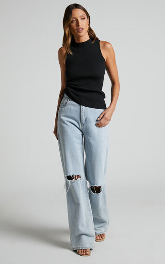 Giselli Top - Knit Ruched Side Tank Top in Black