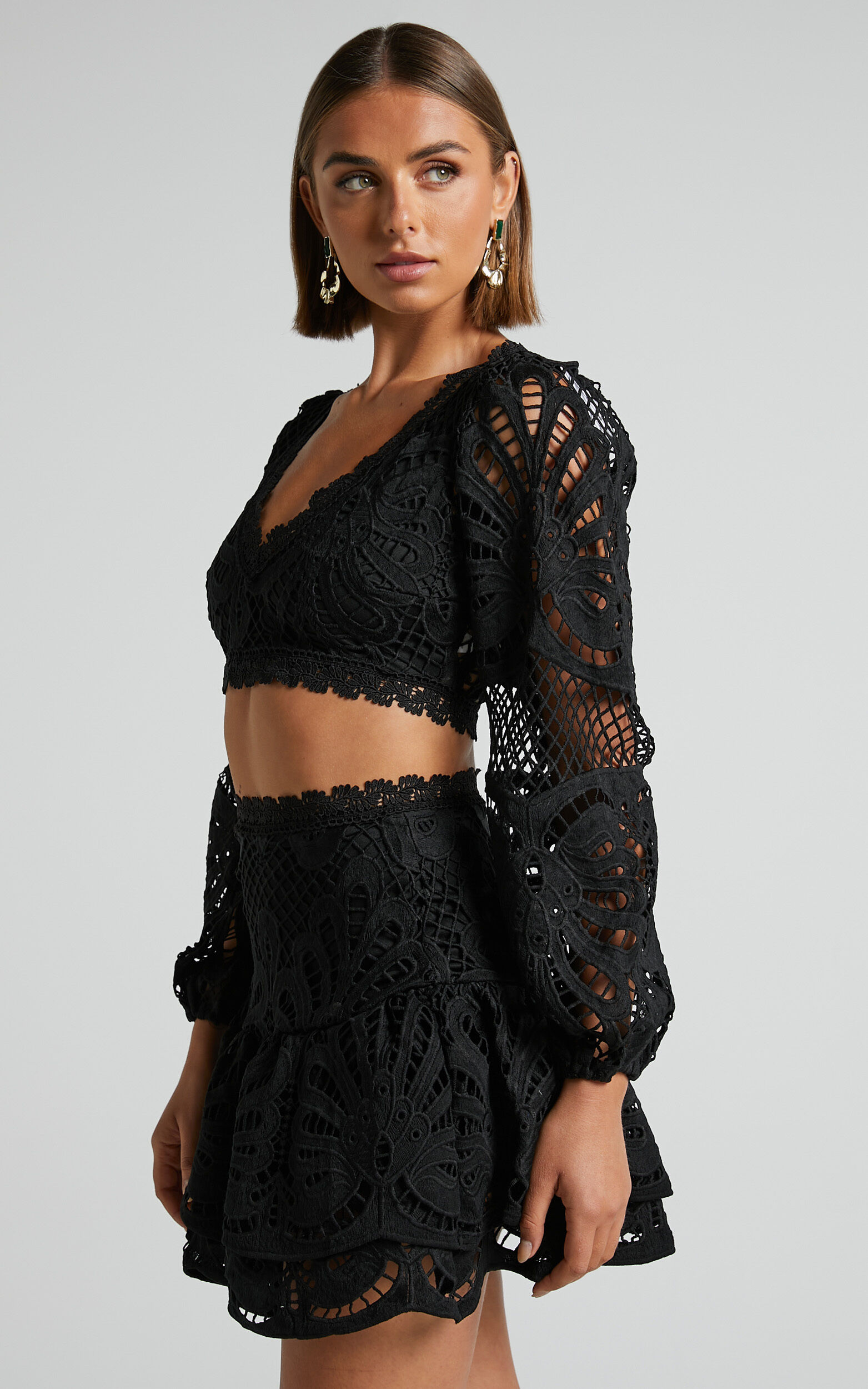Kiss Me Softly Long Sleeve Crop Top and Mini Skirt Two Piece Set in Black Lace