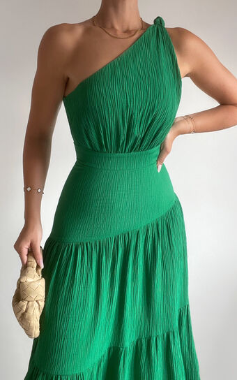 Celestia Midi Dress Tiered One Shoulder Dress In Green Showpo