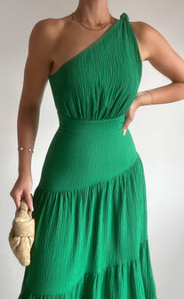 Celestia Midi Dress - Tiered One Shoulder Dress in Green