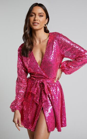 Three Of Us Mini Dress - Long Sleeve Wrap Dress in Pink Sequin