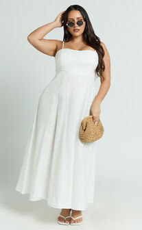 Brette Midi Dress - Linen Straight Neck Strappy Fit And Flare Dress in White