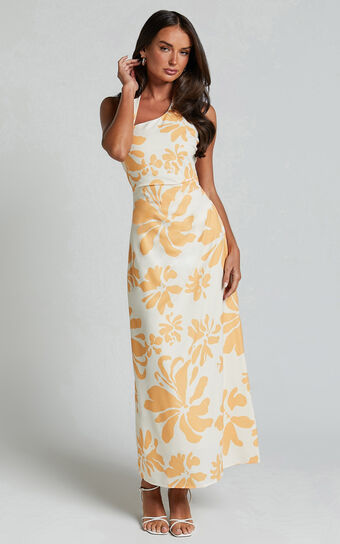 Gena Midi Dress - Halter Neck Slip Dress in Yellow Floral