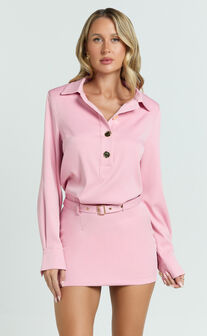 Vancouver Mini Dress - High Neck Collar Button Front Shirtdress in Pink