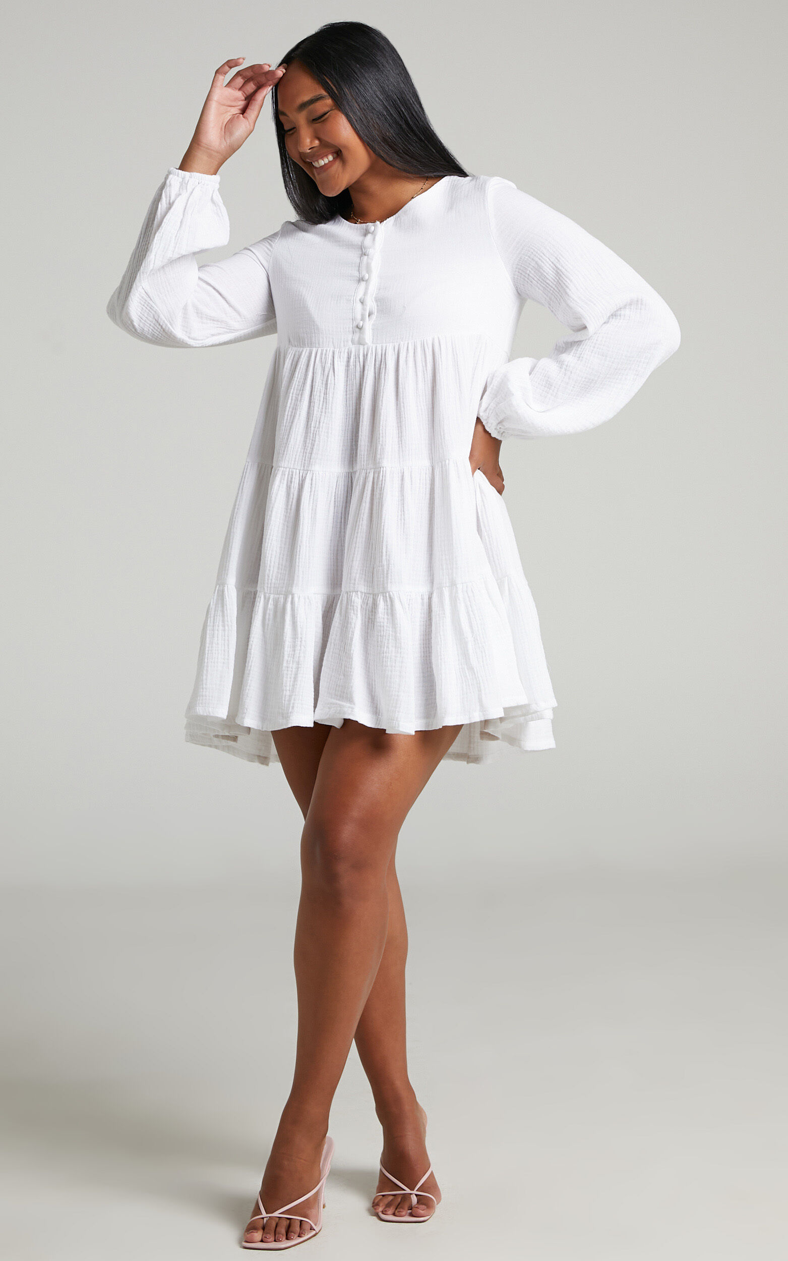 Amalia Long Sleeve Mini Smock Dress in White Showpo EU