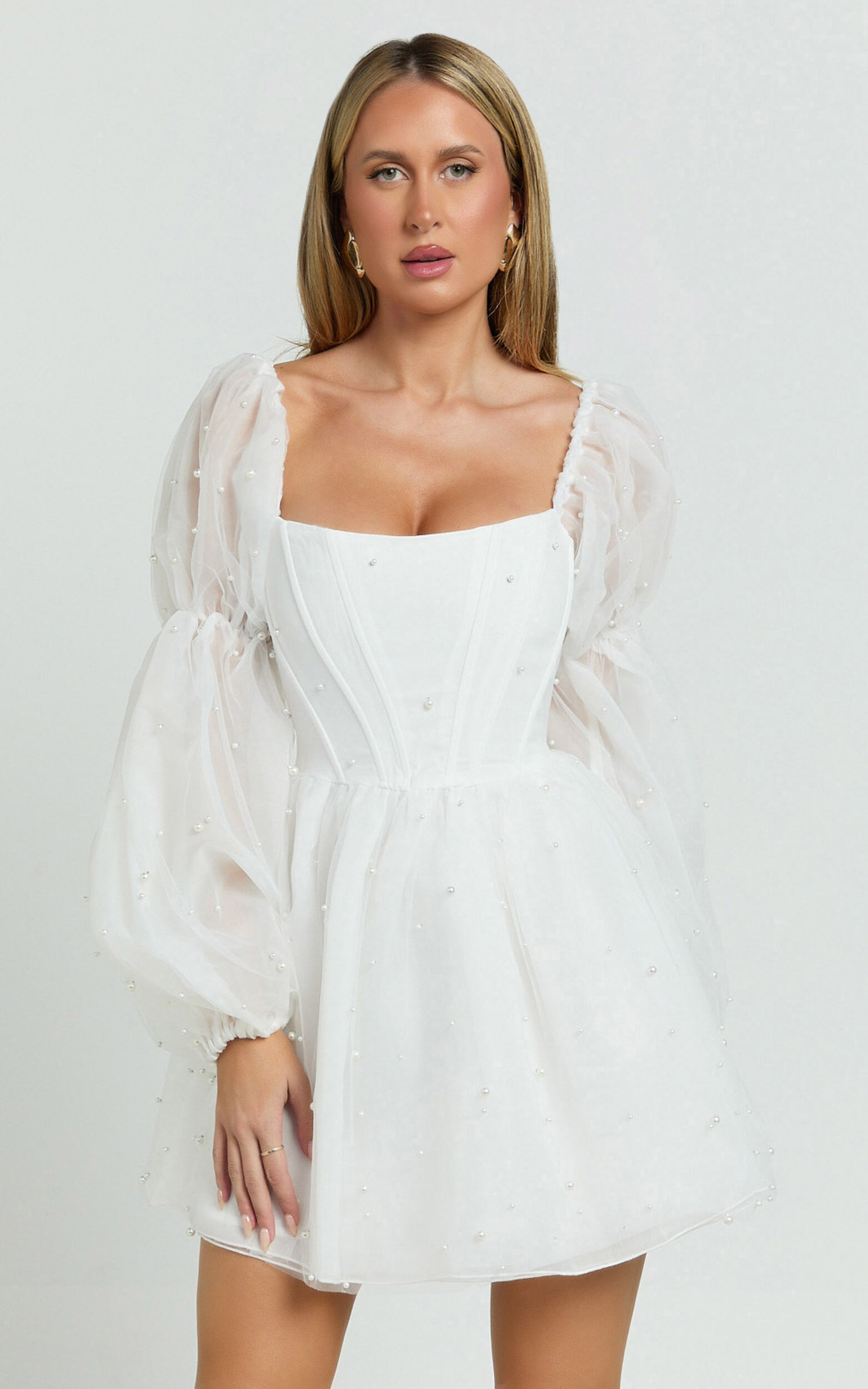 Ingrid Mini Dress - Long Puff Sleeve Pearl Detail Dress in White - 06, WHT1