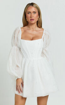 Ingrid Mini Dress - Long Puff Sleeve Pearl Detail Dress in White
