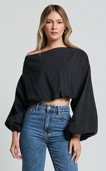 Alesia Top - Asymmetrical Boat Neck Elastic Hem Crop Top in Black