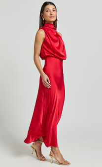 Minnie Midi Dress - Drape Neck Satin Slip Dress in Red