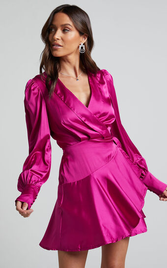 Breeana Mini Dress - Long Sleeve Wrap Dress in Magenta