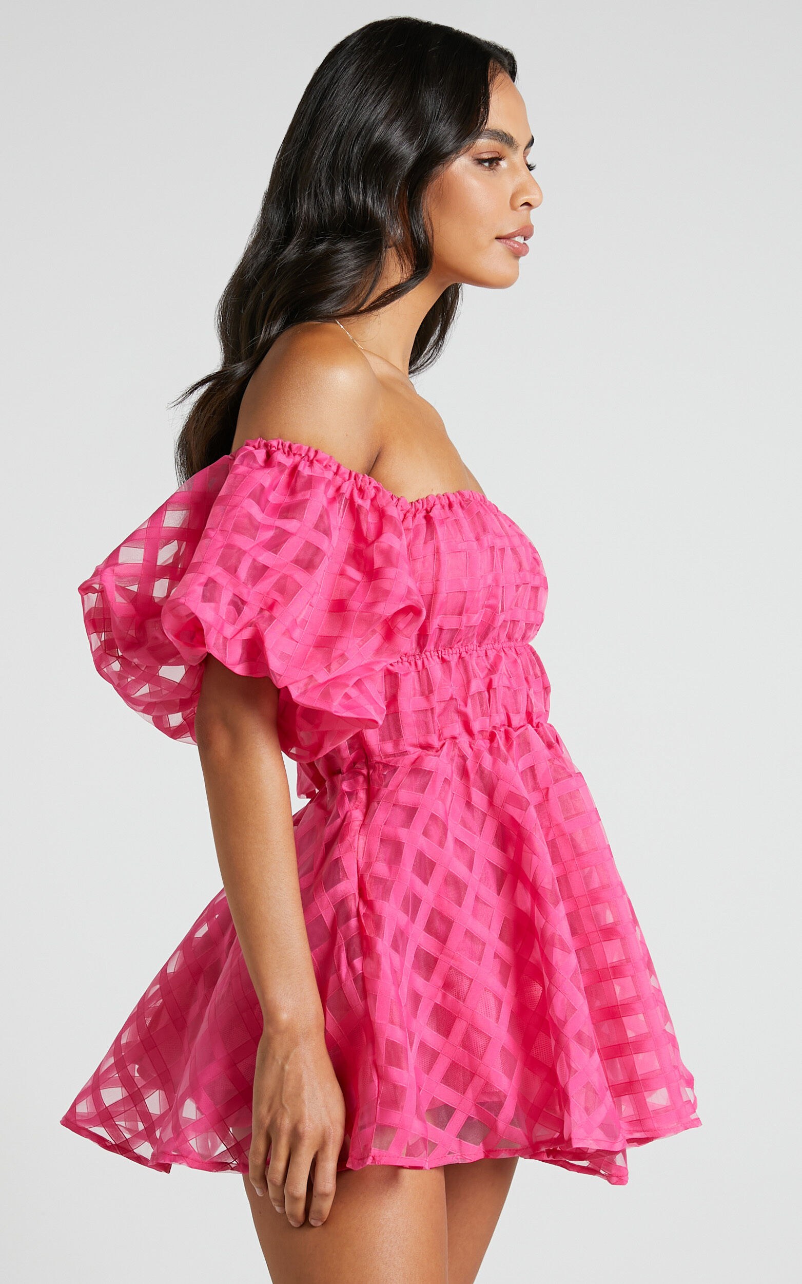 Hot pink puff sleeve dress clearance