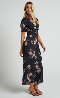 Adelais Midi Dress - Bias Cut Puff Sleeve Dress in Blushing Floral