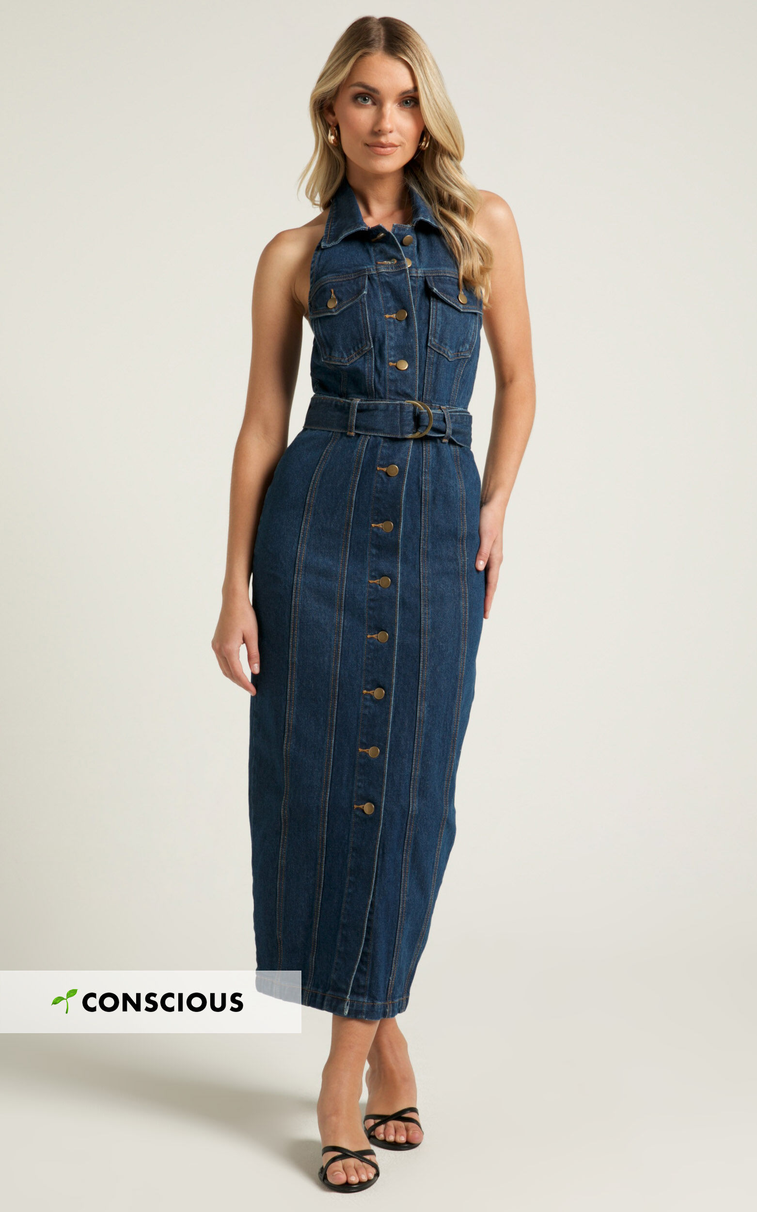 Dubai Denim Midi Dress Sleeveless Collared Halter Neck in Dark Wash