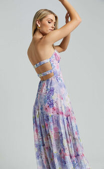 Rheanny Maxi Dress - Sweetheart Strapless Tiered Dress in Pink Purple Floral