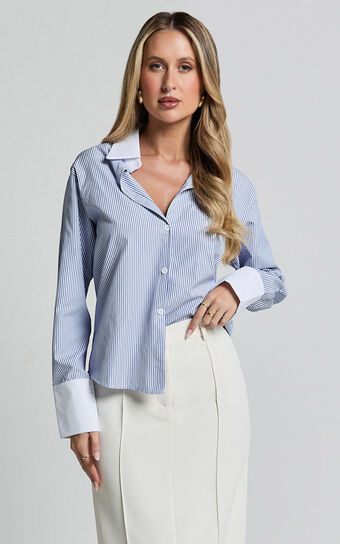 Trixie Shirt - Striped White Cuff & Collar Detail Button Up Shirt in Blue Stripe