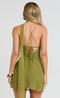 Yasmina Mini Dress - Scarf Tie Cowl Neck Bodycon Dress in Sage