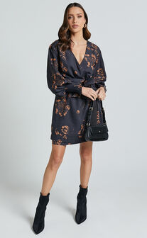 Alvinia Mini Dress - Balloon Long Sleeve Wrap Dress in Black Print