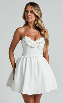 Angeletta Mini Dress - Sweetheart Rosette Detail Fit & Flare in White