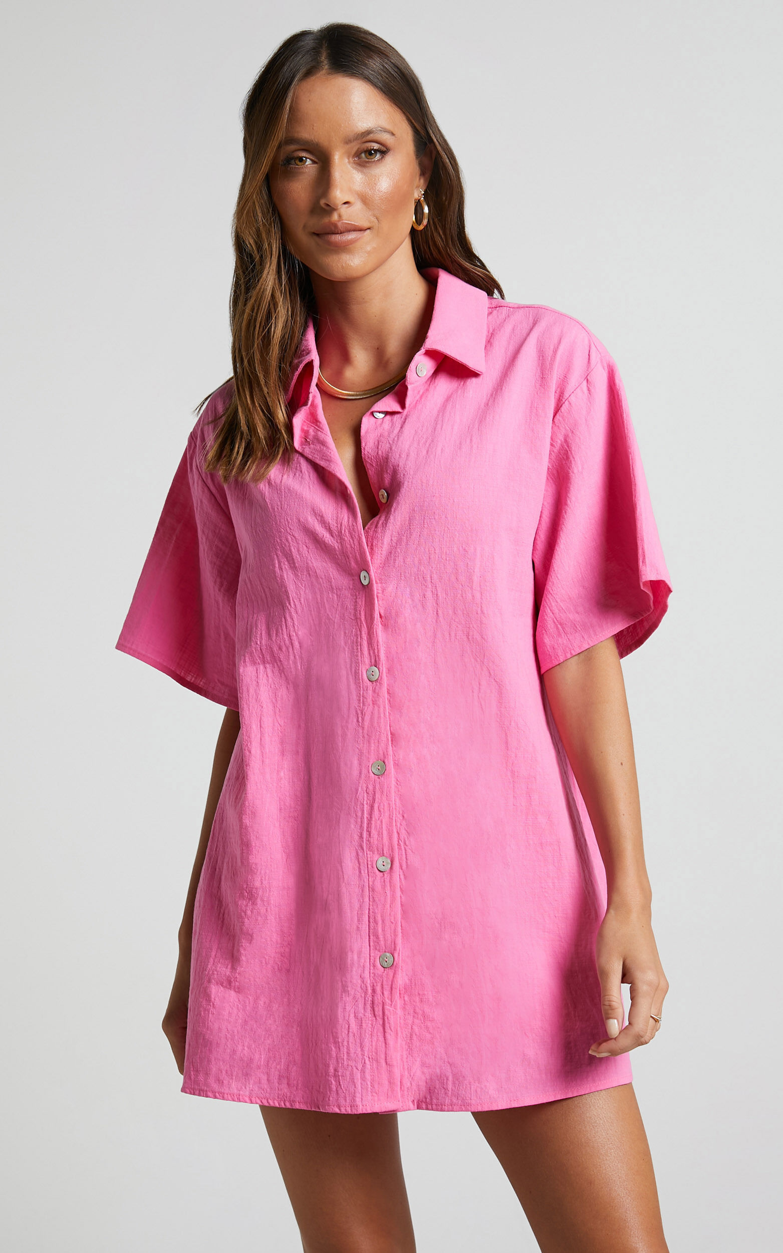Hot pink button up shirt discount
