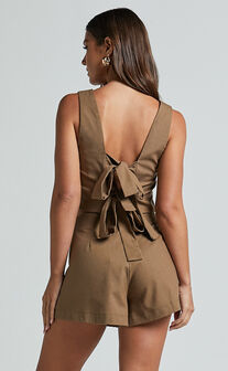 Salvador Two Piece Set - Linen Sleeveless Crop Top and High Waisted Tailored Shorts in Olive