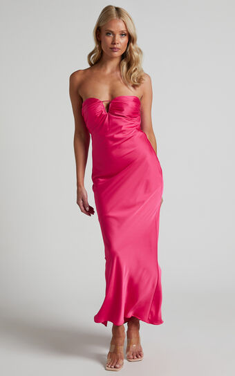 Raya Midi Dress - Keyhole Cut Out Sweetheart Strapless Dress in Hot Pink