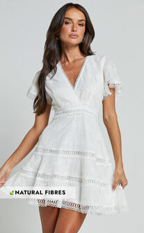 Ariana Mini Dress - V Neck Flutter Sleeve A Line in White