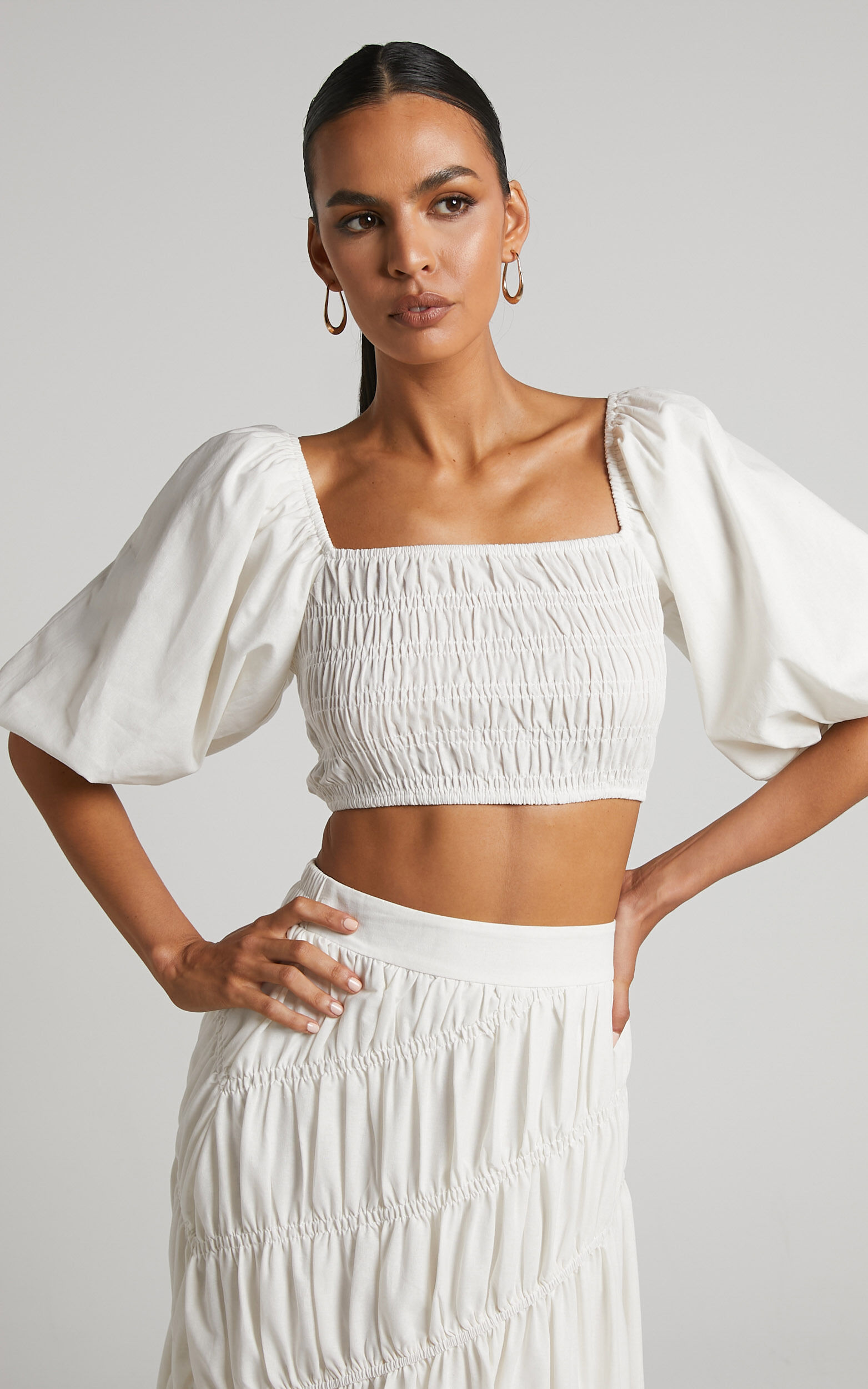 White linen clearance puff sleeve top