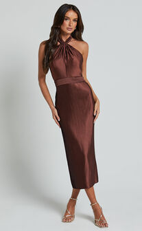 Marlette Midi Dress - Pleated Open Back Halter Dress in Chocolate