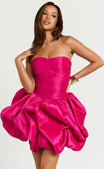 Deb Mini Dress - Ruched Strapless Bubble Hem Dress in Hot Pink