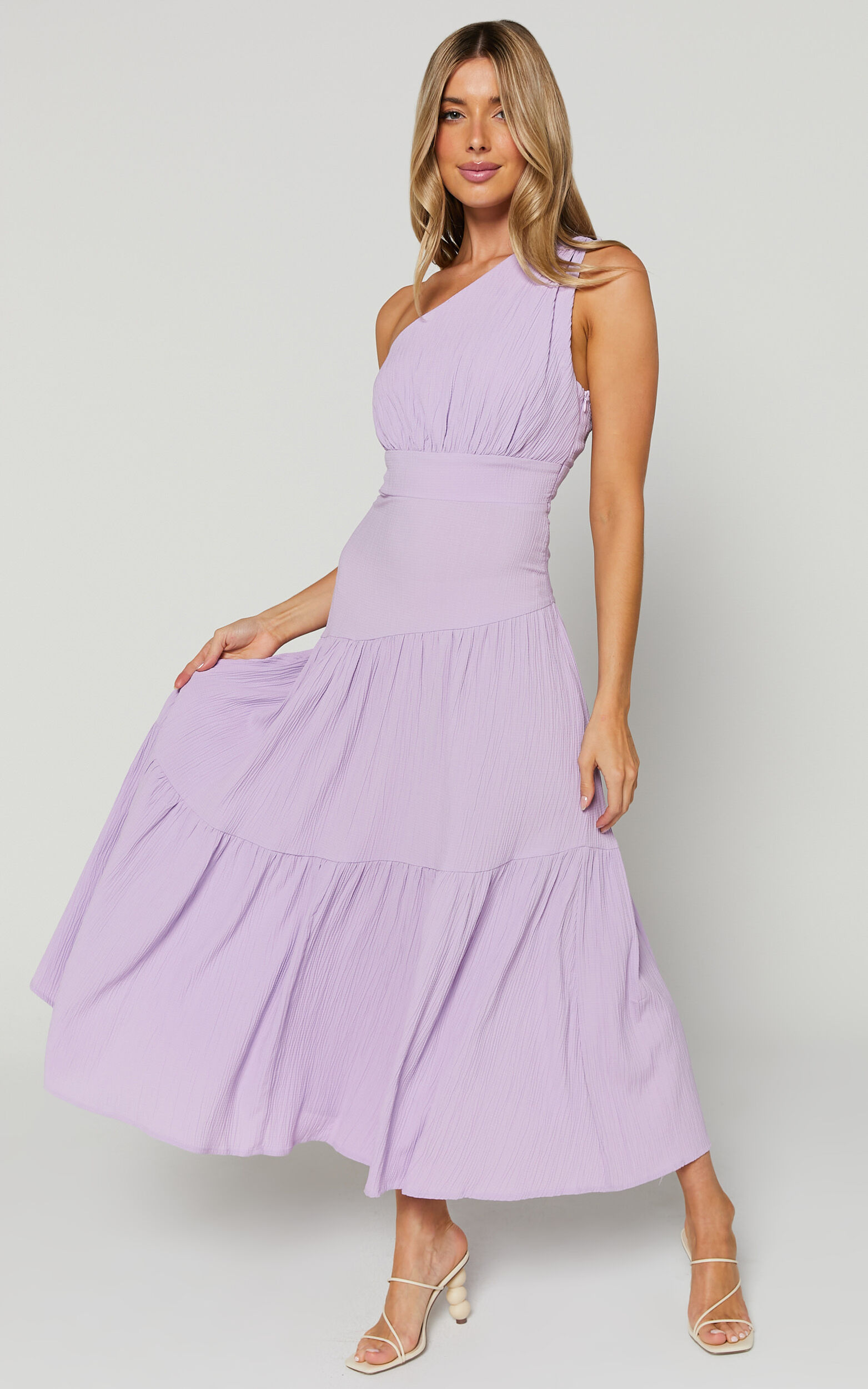 Celestia Midi Dress - Tiered One Shoulder Dress in Lavender - 04, PRP1
