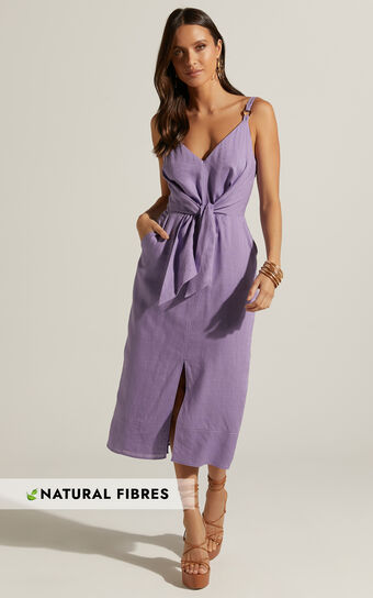 Amalie The Label - Camille Linen Blend V Neck Tie Waist Midi Dress in Mauve