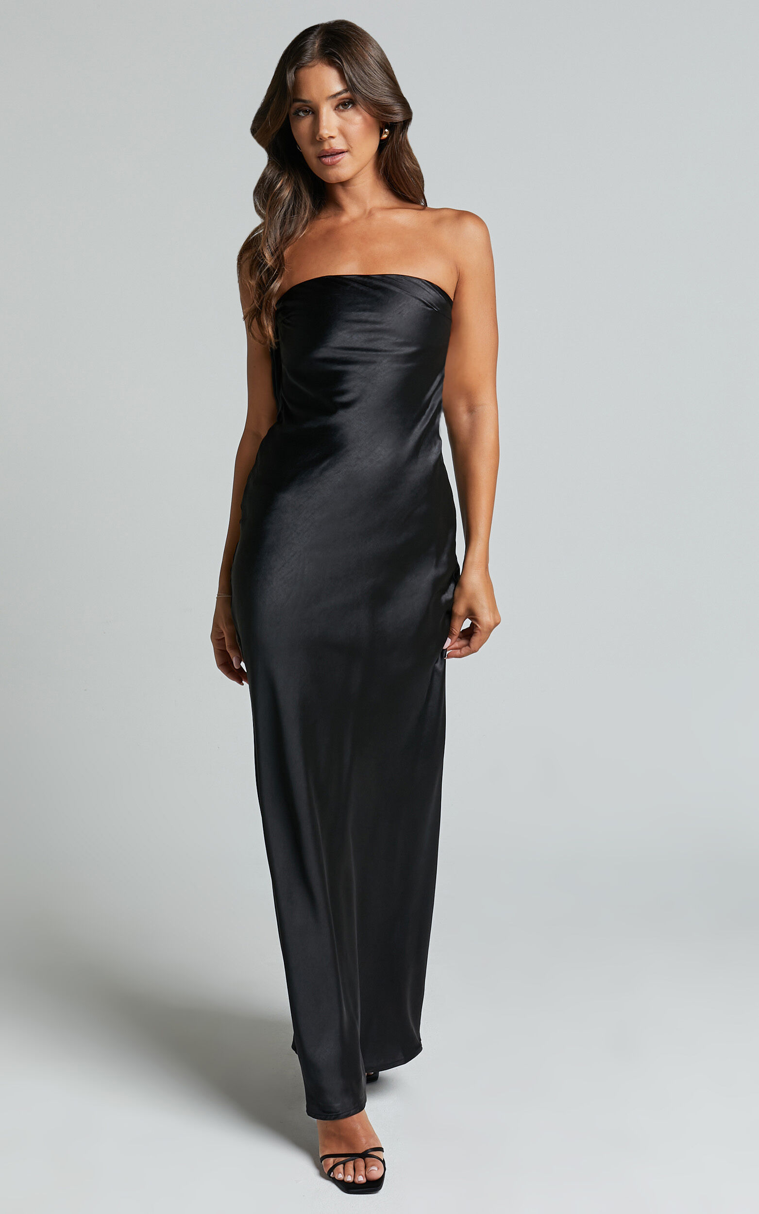 Charlita Maxi Dress - Strapless Cowl Back Satin Dress in Black | Showpo