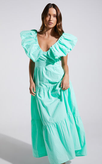 Laurah Midi Dress - Ruffle V Neck Tiered Dress in Mint
