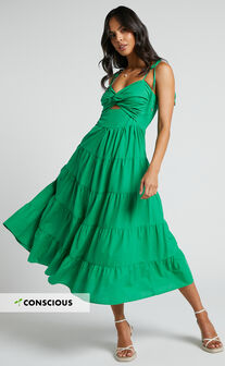 Leticia Midi Dress - Twist Front Tie Strap Tiered Dress in Green