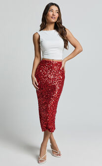 Hasley Midi Skirt - Sequin Bodycon Skirt in Red