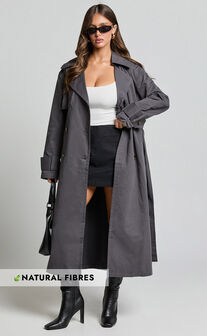 Avah Trench Coat - Double Breasted Tie Waist Coat in Charcoal