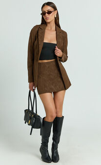 Gretchen Blazer - Slim Fitting Single Breasted Faux Suede Blazer in Brown