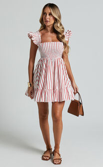 Brynlee Mini Dress - Elastic Chest Flutter Sleeve Hem Dress in Red Stripe