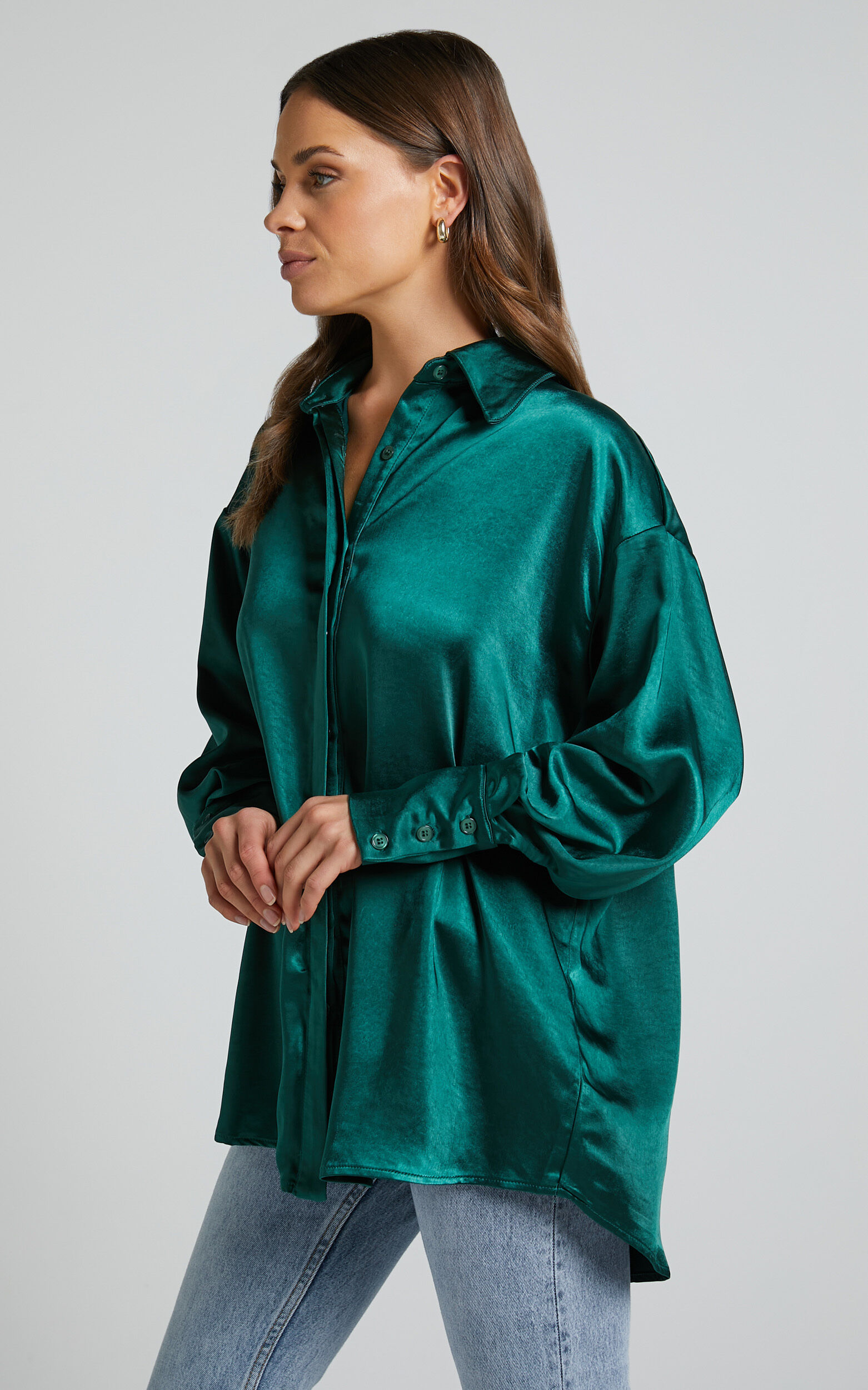 Green satin button up top