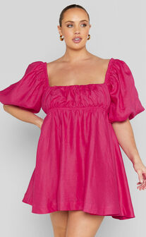 Amalie The Label - Hamyya Linen Tie Back Puff Sleeve Mini Linen Dress in Magenta