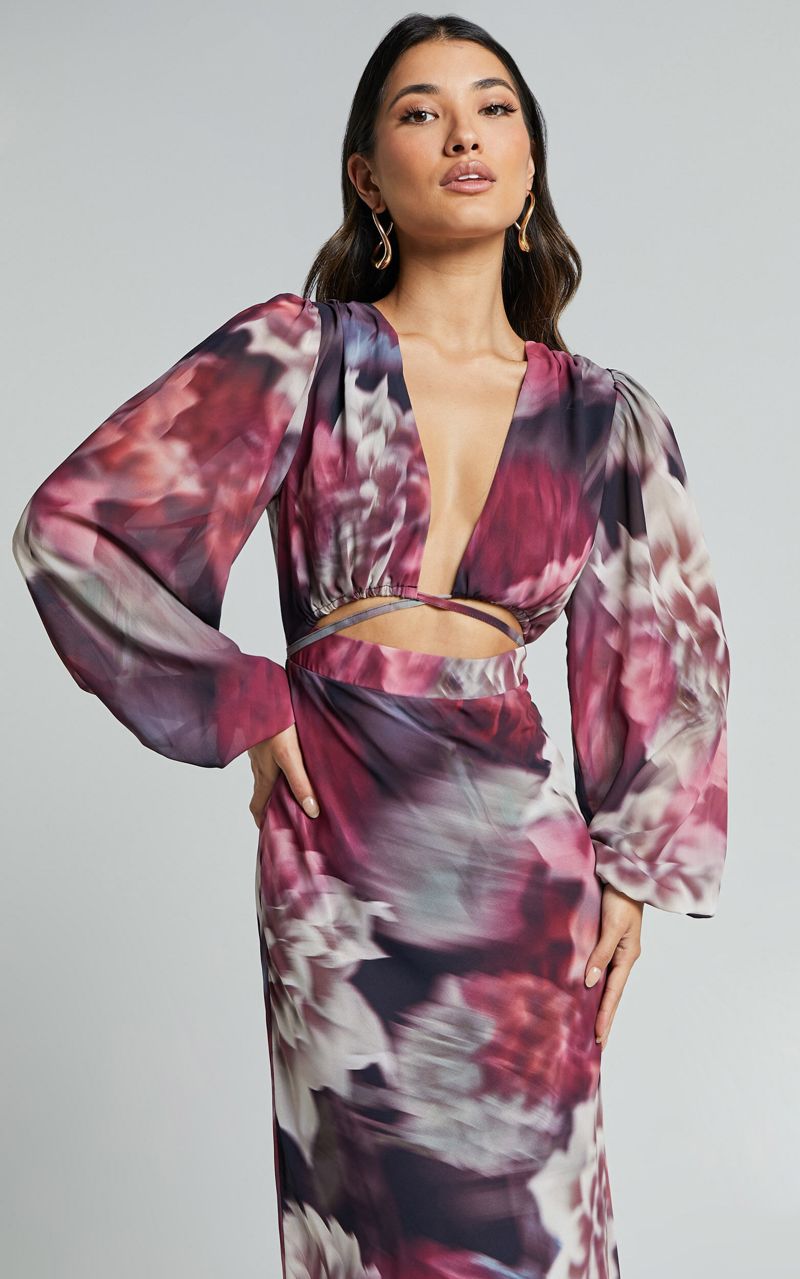 Cutout back bishop sleeve floral bodycon dress cheap