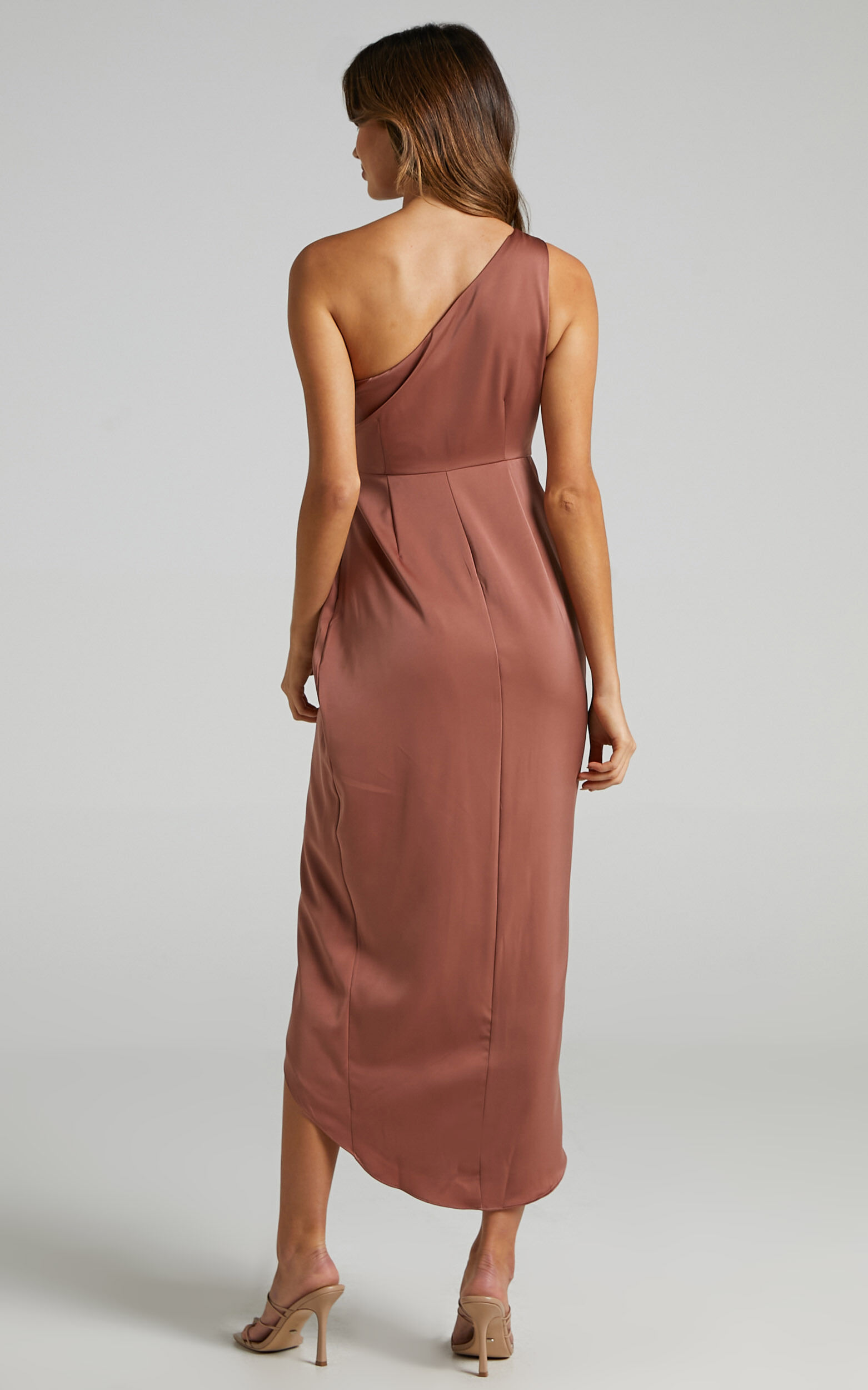 Felt So Happy Midi Dress One Shoulder Drape Dress in Dusty Rose Showpo