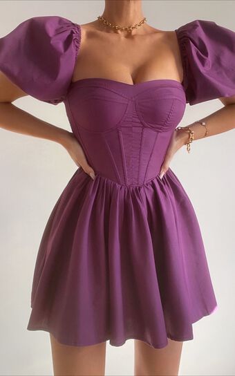 Souza Mini Dress - Fit and Flare Puff Sleeve Corset Dress in Dark Amethyst
