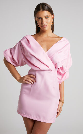 Anastasija Mini Dress - Off Shoulder V Neck Dress in Ice Pink