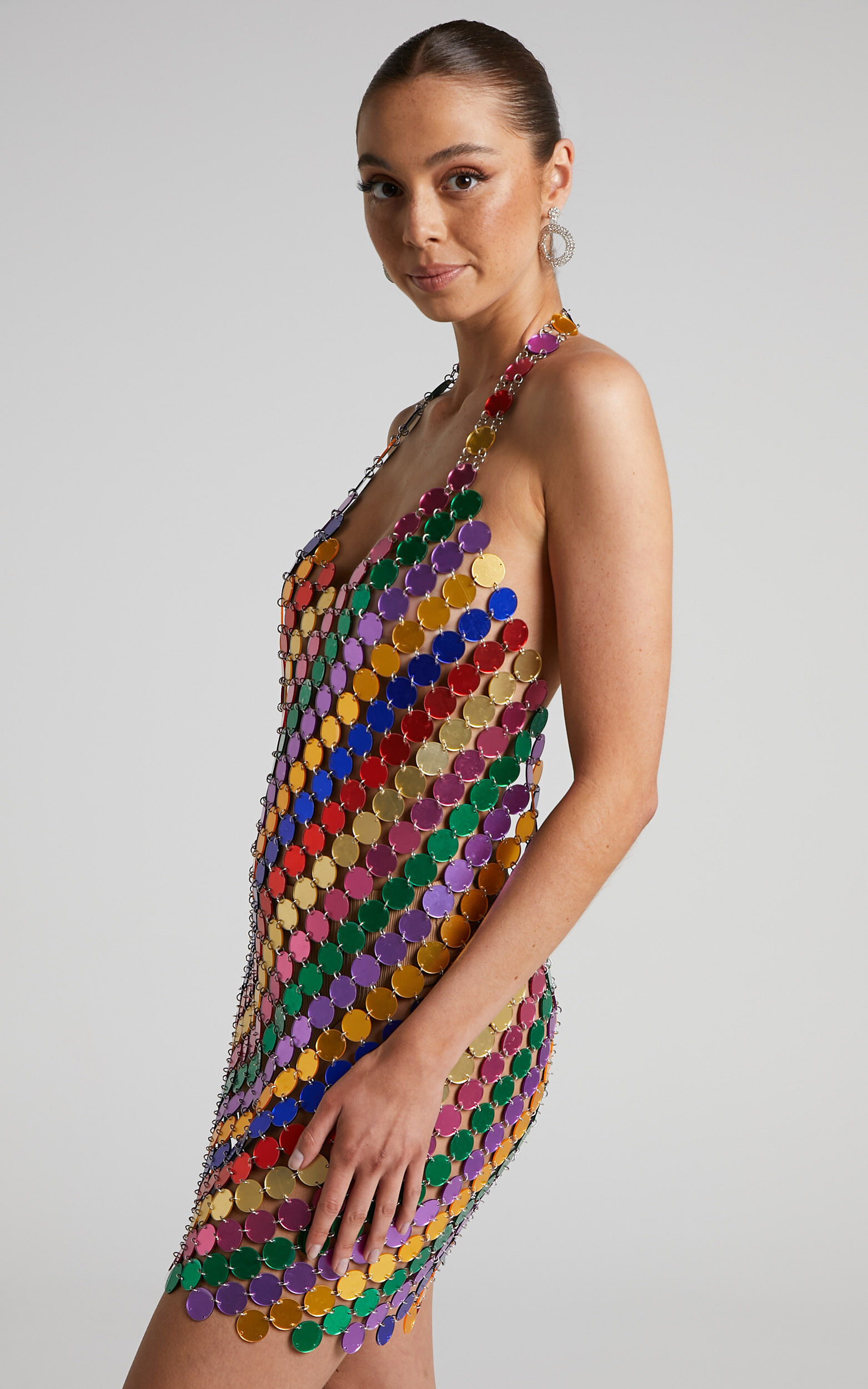 Jasleen Mini Dress - Circle Disc Sequin Halter Dress in Multi | Showpo USA