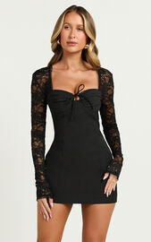 Vasquez Mini Dress - Lace Sleeve Front Tie Detail Dress in Black | Showpo