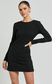 Victoria Mini Dress - Long Sleeve Ribbed Jersey Dress in Black